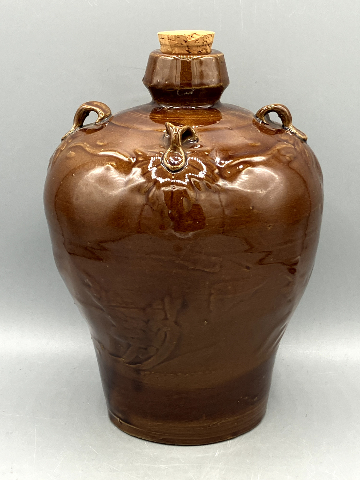 Vintage Chinese Brown Glazed Pottery Rice Wine Bottle Jug w/ Cork