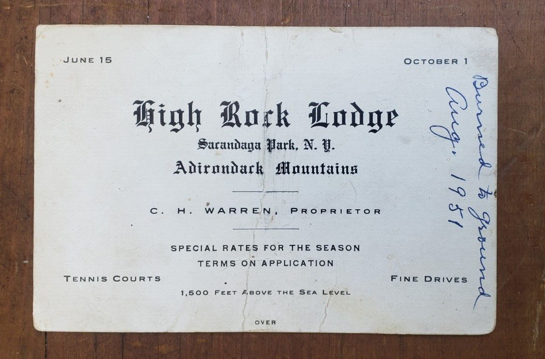 c1910 High Rock Lodge Business Card Sacandaga Park NY Adirondack Mountains