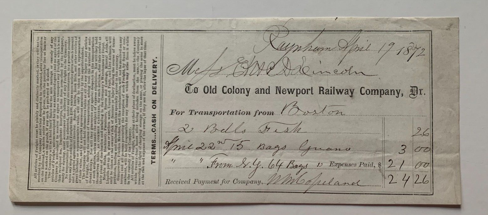 Vintage April 1872 Old Colony & Newport Railway Co RR Freight Receipt Form Slip
