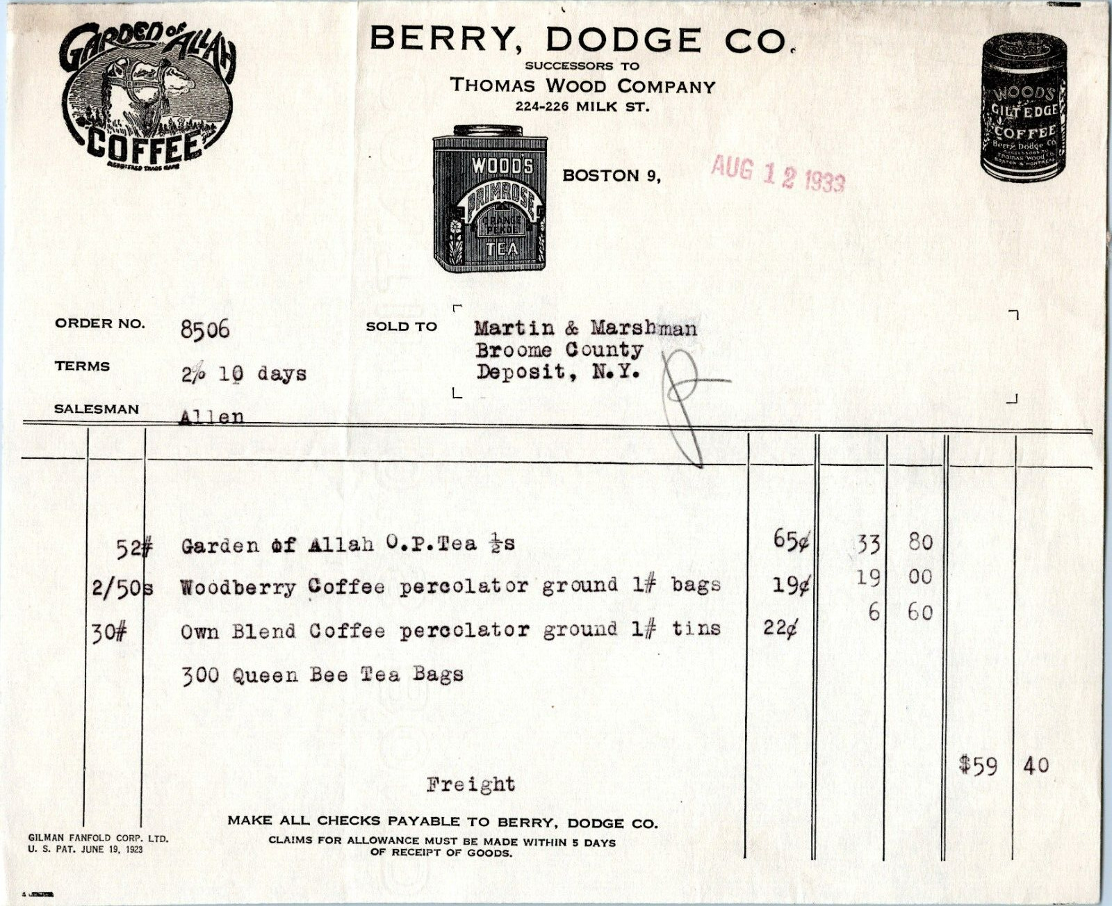 Billhead - Berry Dodge Company, Boston, MA - 1933- for Coffee grounds, Tea bags