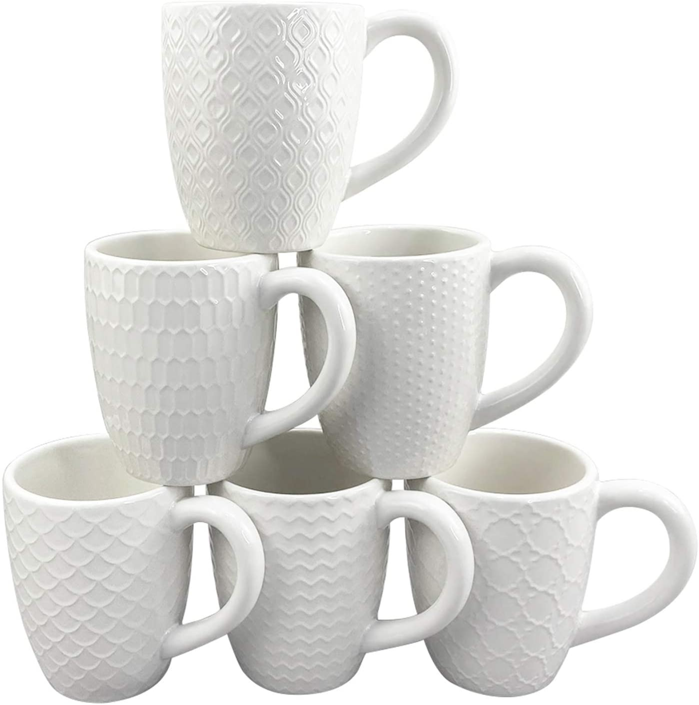 White Ceramic Coffee Mugs Set of 6, Stylish Embossed Coffee Cups