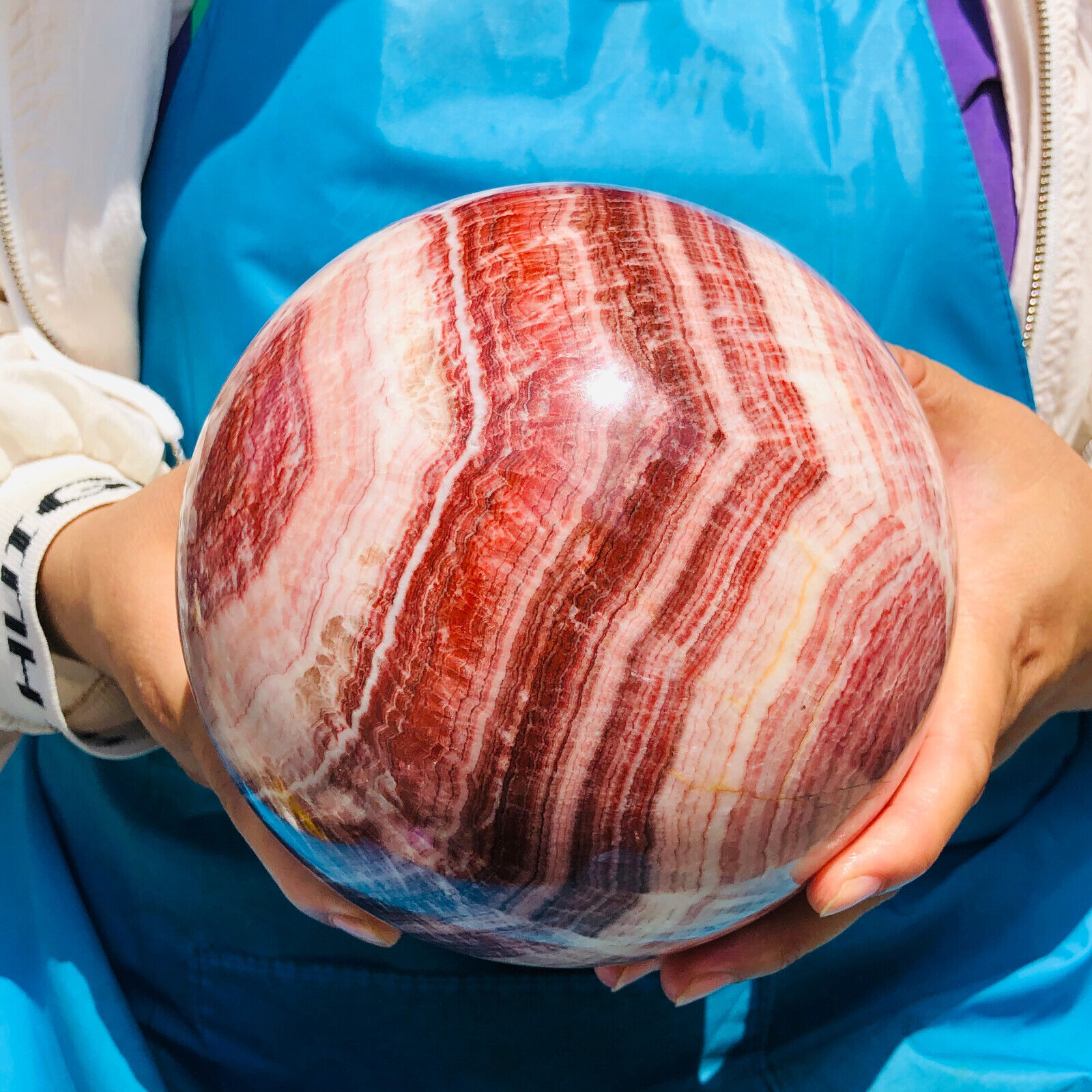 11LB Natural Red Stripe Pork Stone Crystal Quartz Sphere Ball Reiki Healing Gem