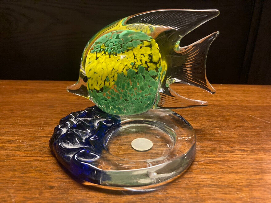 PartyLite Tropical Moorish Idol Fish Art Glass Votive Candle Holder Green Yellow