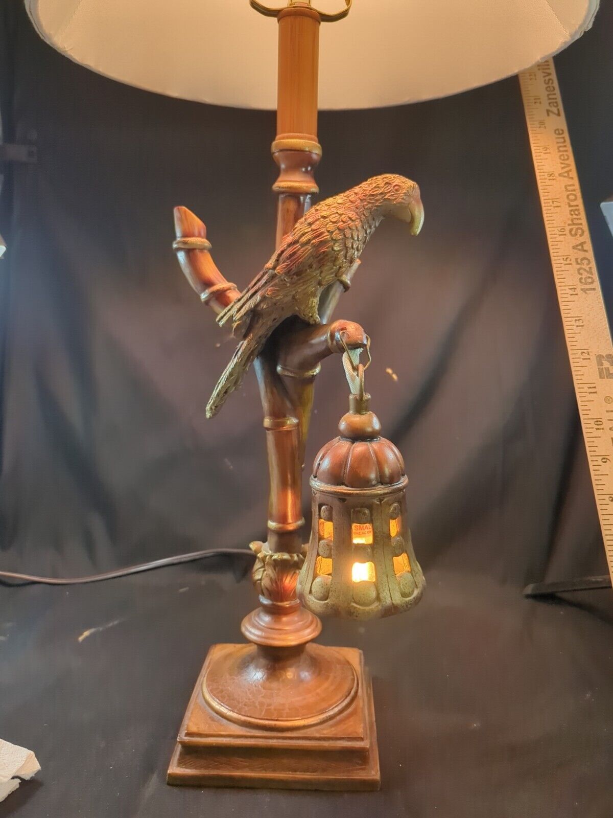 Vintage Look Gold Red Tone Parrot Desk Table Lamp Bamboo Tree Lantern Unique 