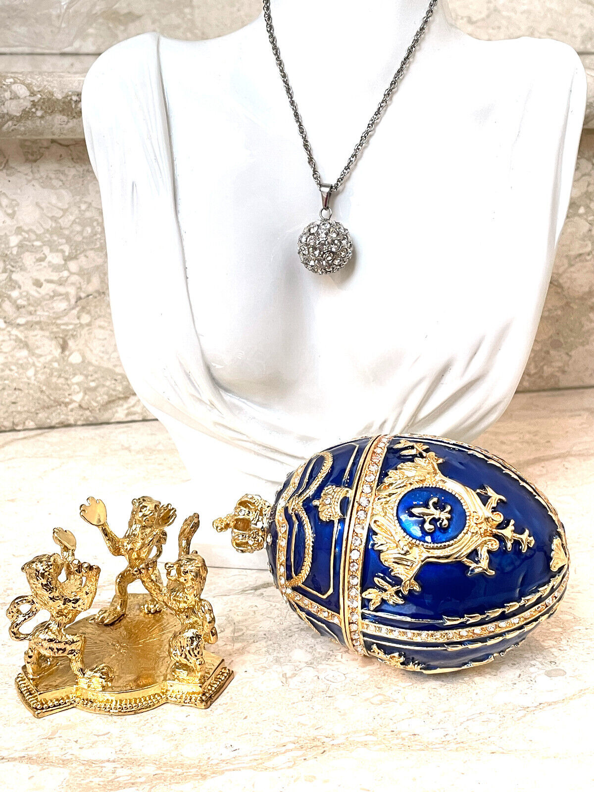 Sapphire Faberge Egg Trinket PLUS Faberge Necklace Diamond Vermeil Pure GOLD