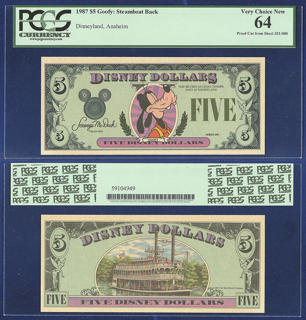 DISNEY DOLLARS $5 1987 PROOF PCGS VERY CHOICE NEW UNC 64 1st Year 1st Version