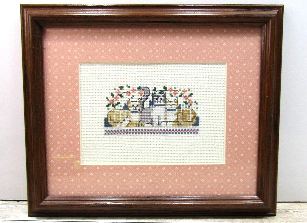 Vintage Picture in Frames colorful Cross Stitch four Cats 🙀 good cond.