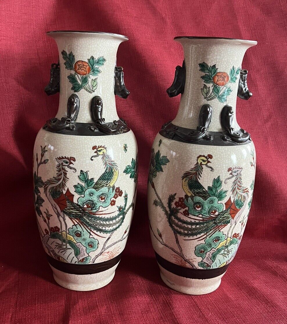 ANTIQUE CHINESE NANKING CRACKLED LOOK VASES PAIR MIRROR IMAGES PEACOCKS FLORALS