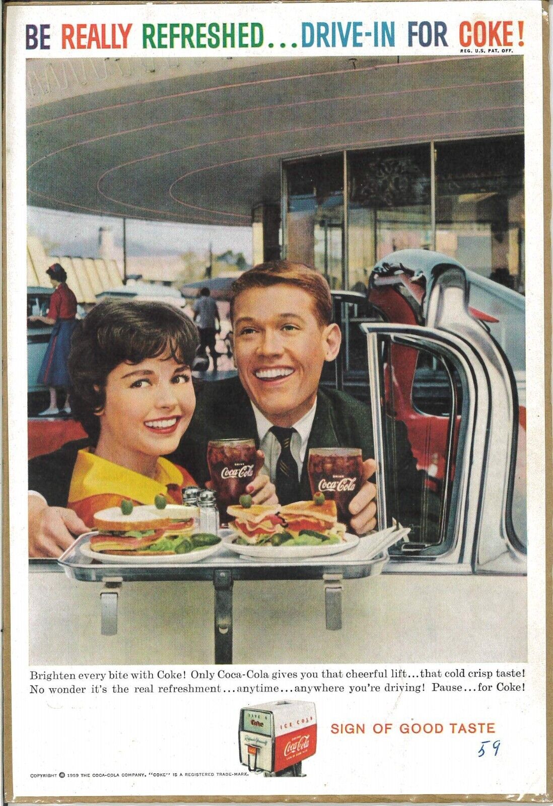 1959 Coca-Cola Soda Vintage Print Ad Drive In Convertible Car Fountain Date