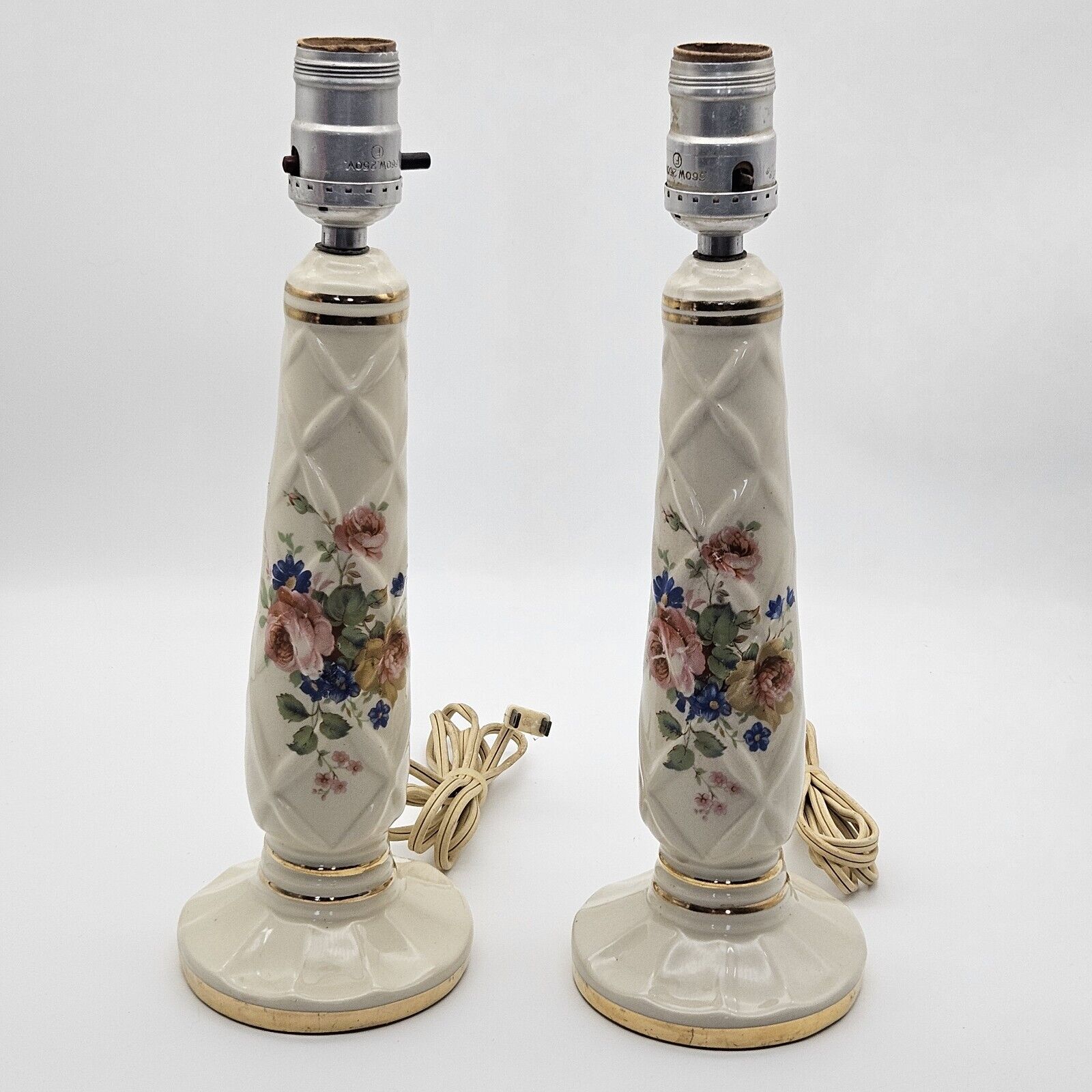 Vintage Pair Porcelier Porcelain Floral Table / Dressor Lamp Set \