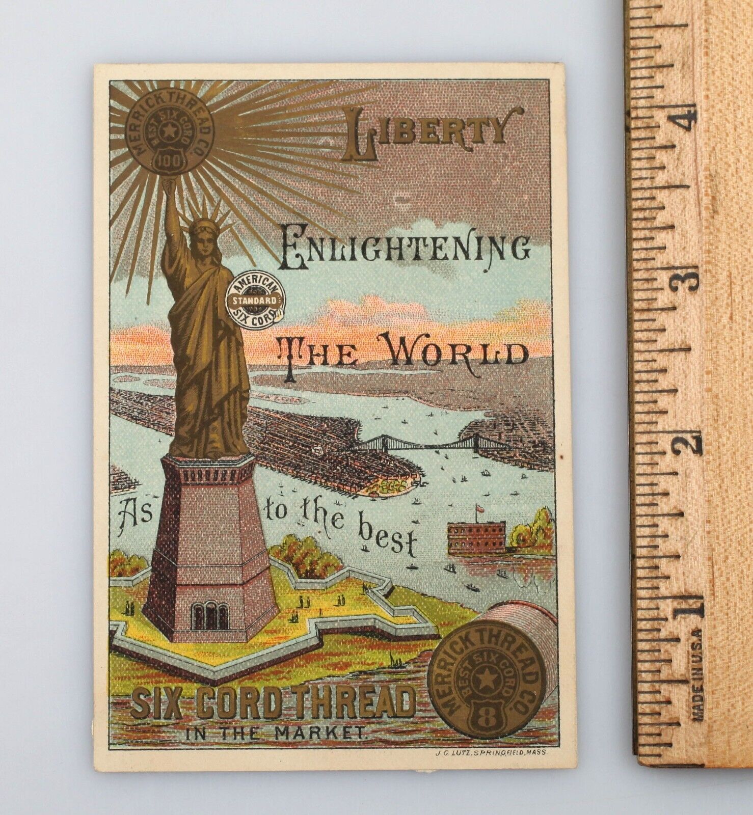 Victorian Trade Card Merrick Thread Co. Statue of Liberty Brooklyn Bridge