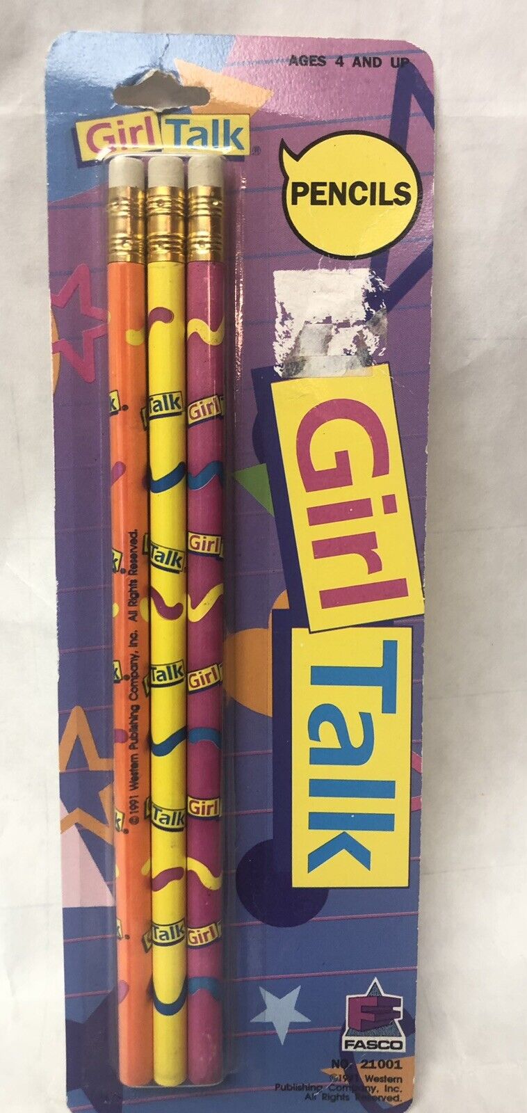 VINTAGE 1991 Girl Talk Novelty Pencils 3 Piece New Sealed Fasco