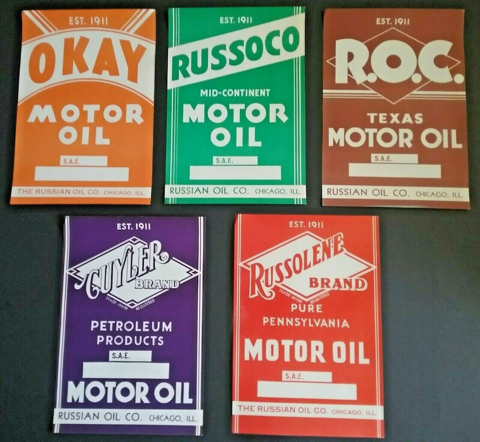 Lot of 5 Vintage OIL CAN LABELS Russian Oil Co. of Chicago IL VERY GOOD COND