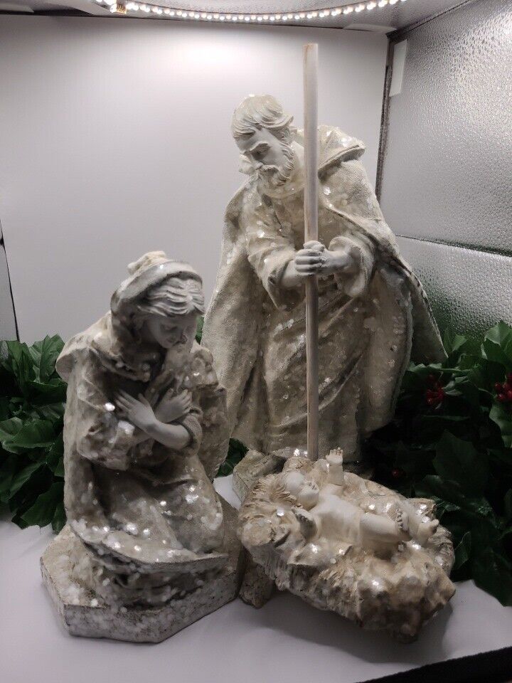 Glitter nativity Set Cream/tan Color 3 Piece Joseph, Mary & Baby Jesus
