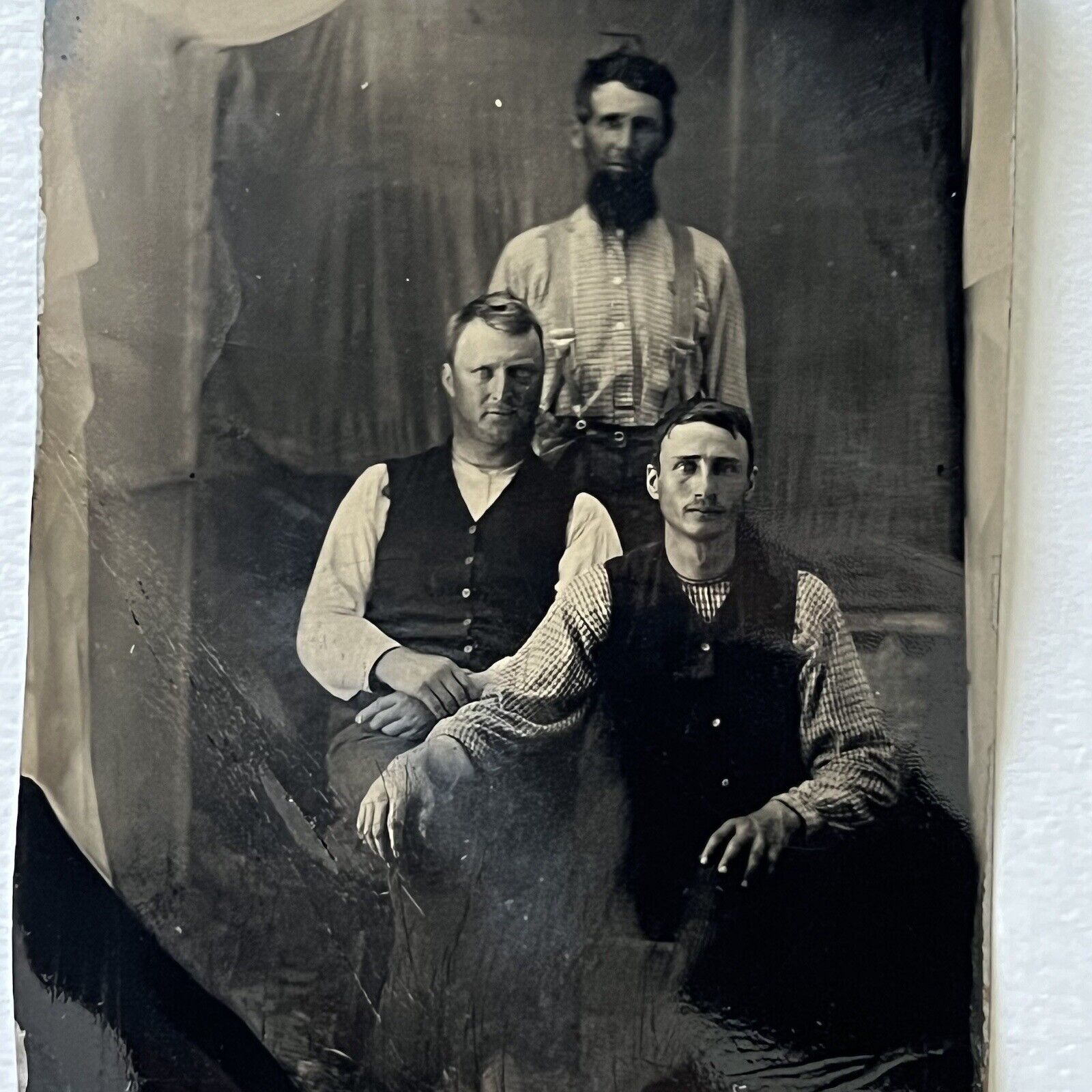 Antique Tintype Photograph Handsome Working Class Affectionate Men Suspenders