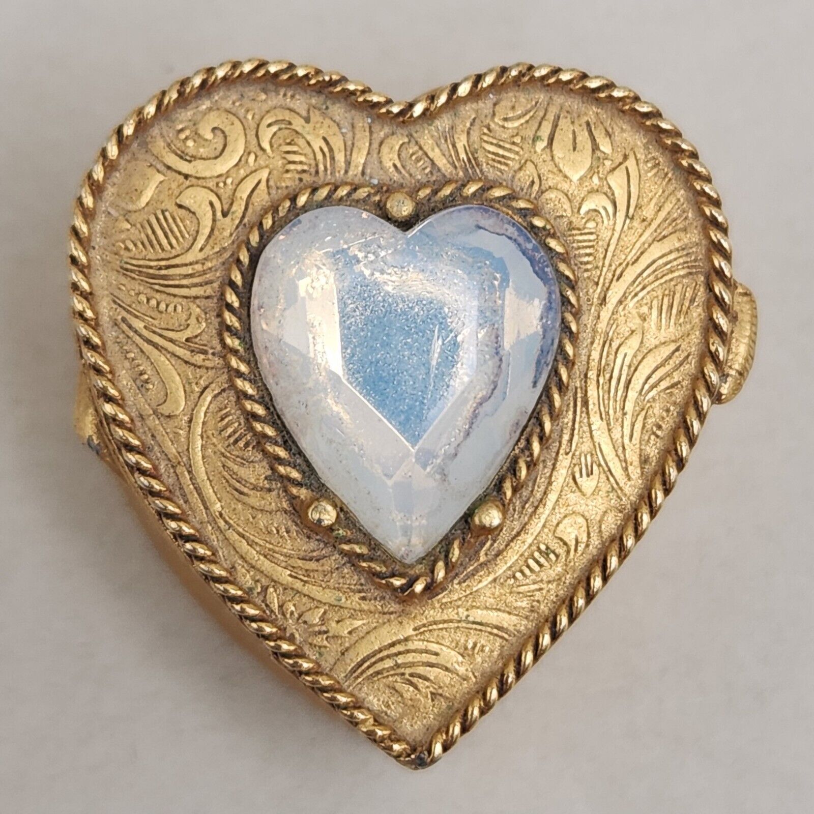 Vtg Florenza Heart Pill Box Faux Opal Rhinestone Ornate Gold Tone Hinged Signed
