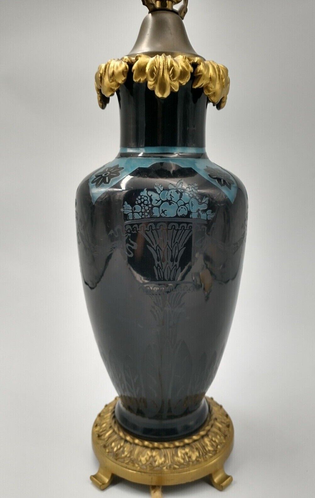 Steuben Black Acid Cutback to Teal Urns Harvest and Flames Table Lamp Rare