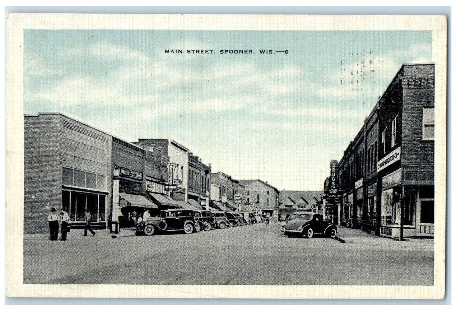 1939 Main Street Cars Drugs Store Spooner Wisconsin WI Posted Vintage Postcard