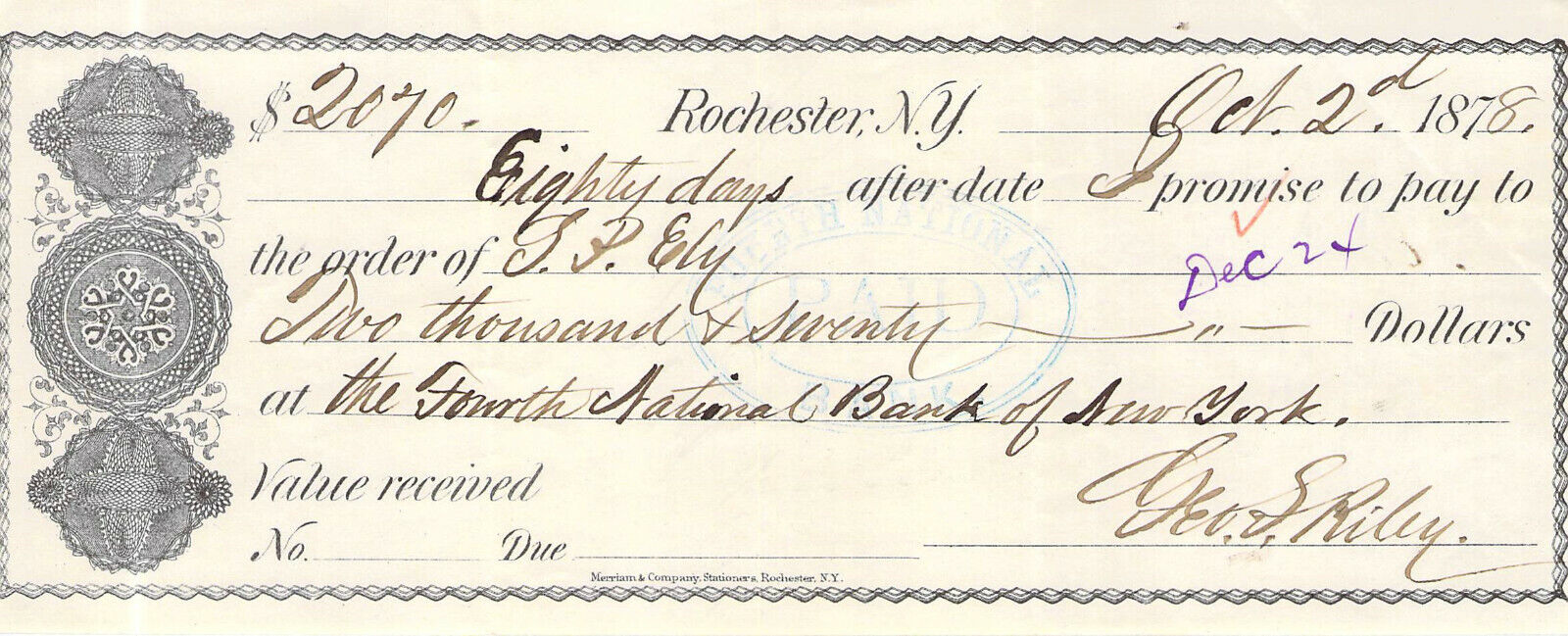 1878 S P ELY GEORGE RILEY ROCHESTER NEW YORK
