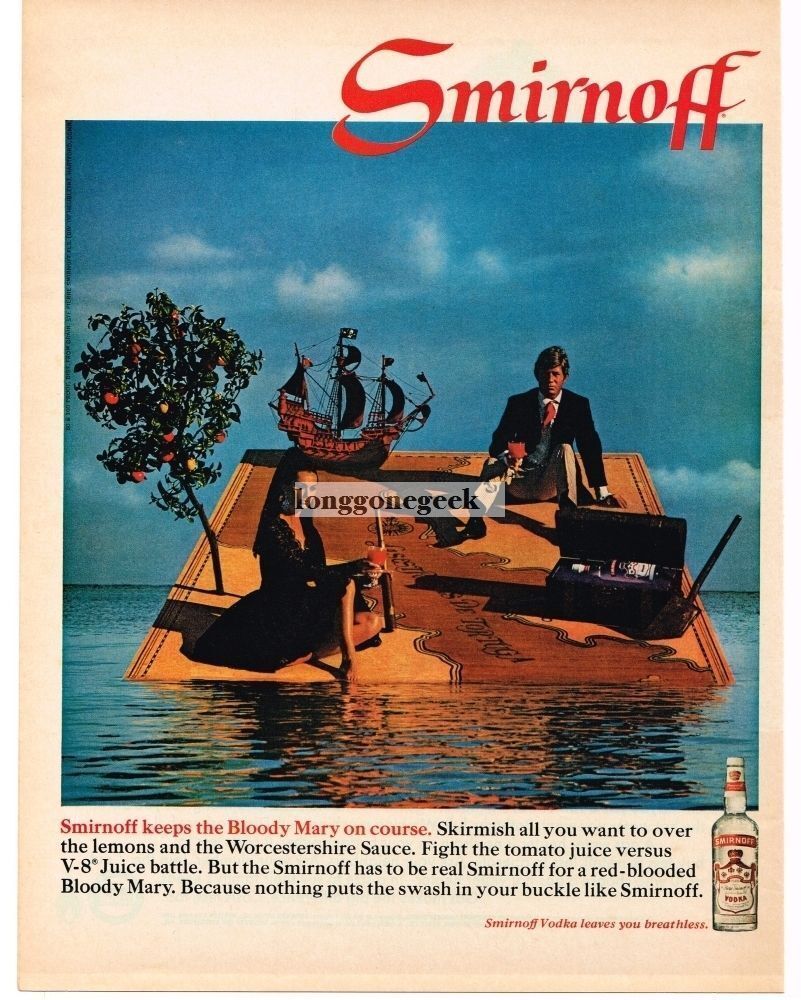 1968 SMIRNOFF Vodka Shipwrecked Couple Drinking Boody Mary Vintage Ad 