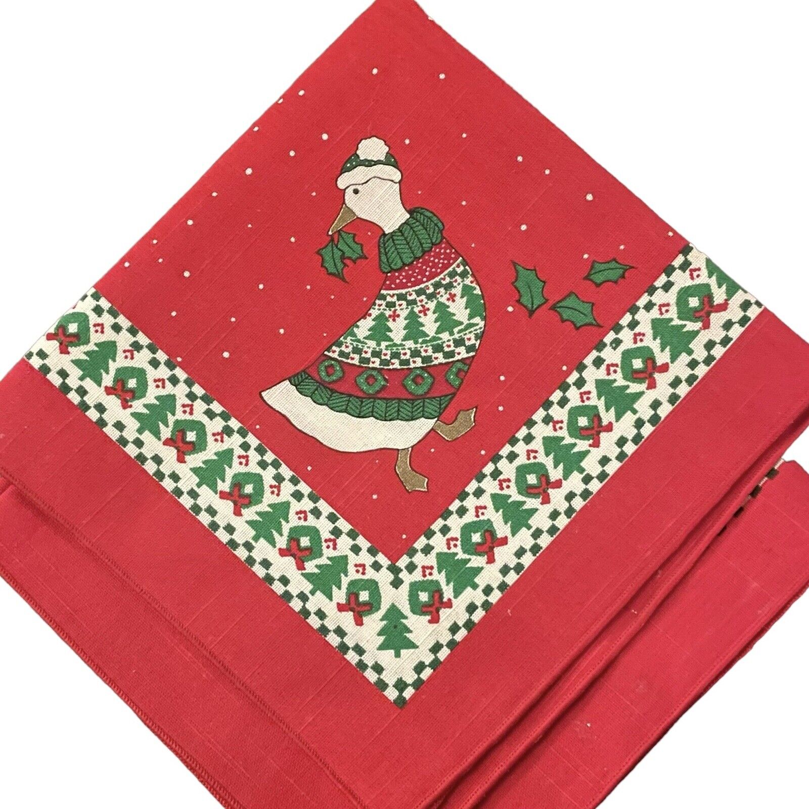 2 Vtg Christmas Goose Holly Berry Kitchen Napkin Linen Handkerchief Placemat 17\