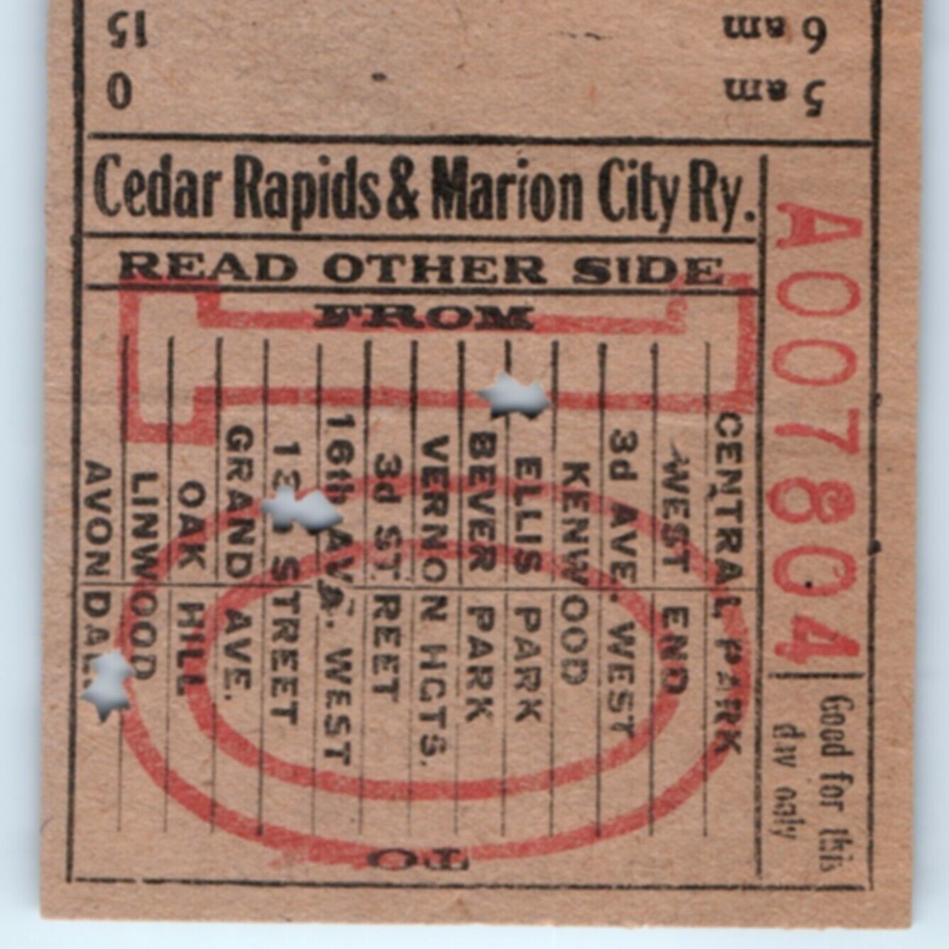 c1920s Cedar Rapids & Marion City Railway Pass Ticket Stub Natural Gas Co Ad C45