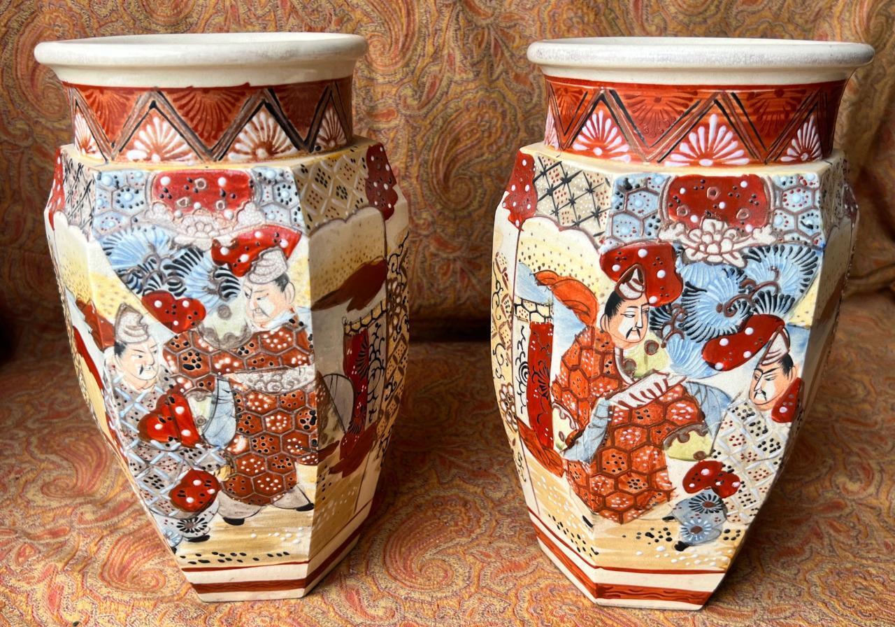Pair of Two Antique Old Satsuma Japanese Japan Art Pottery Vase Set of 2 Vases