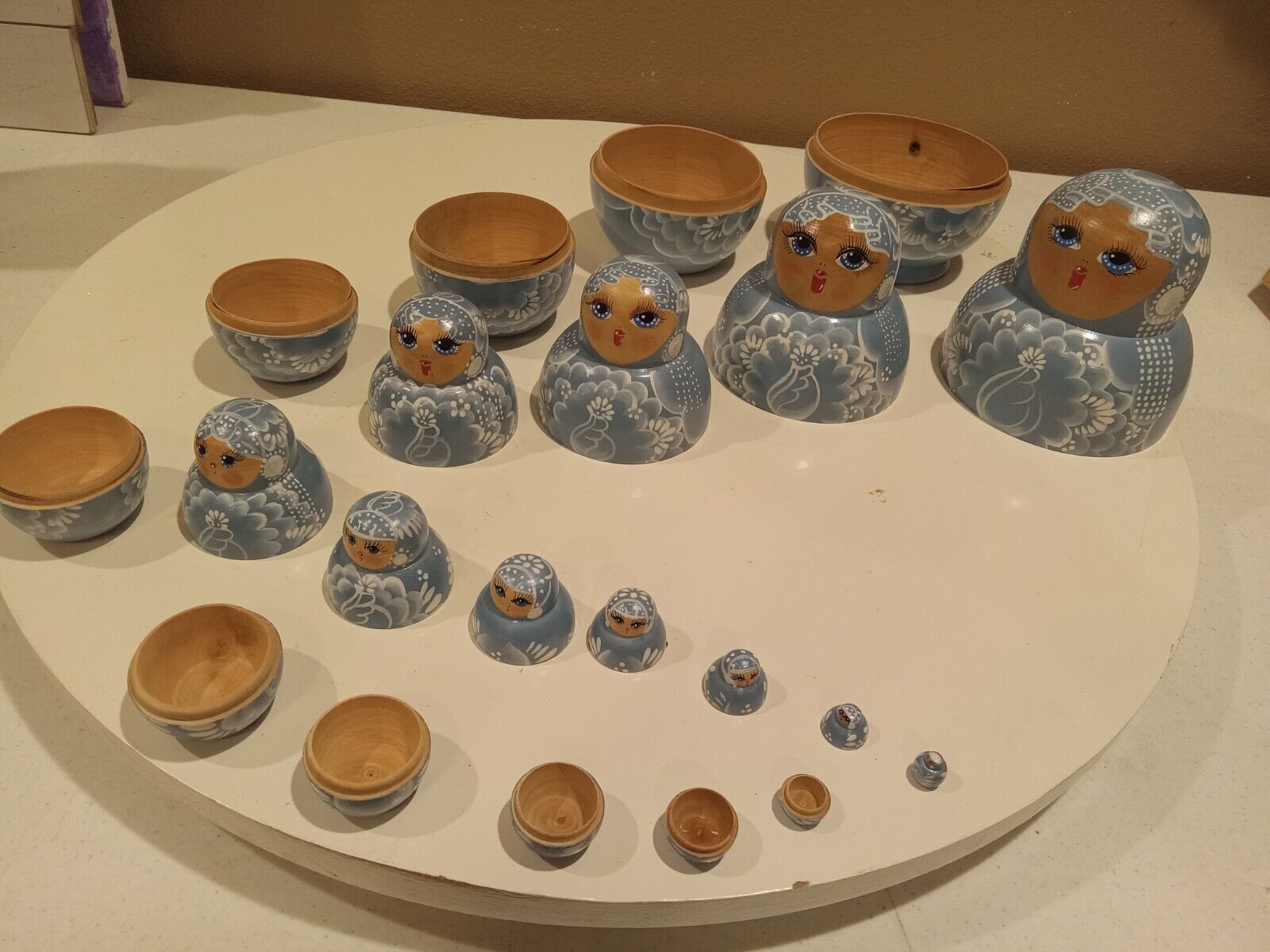 Vintage  Russian 11 PC Wood Hand Painted Nesting Box Blue & White
