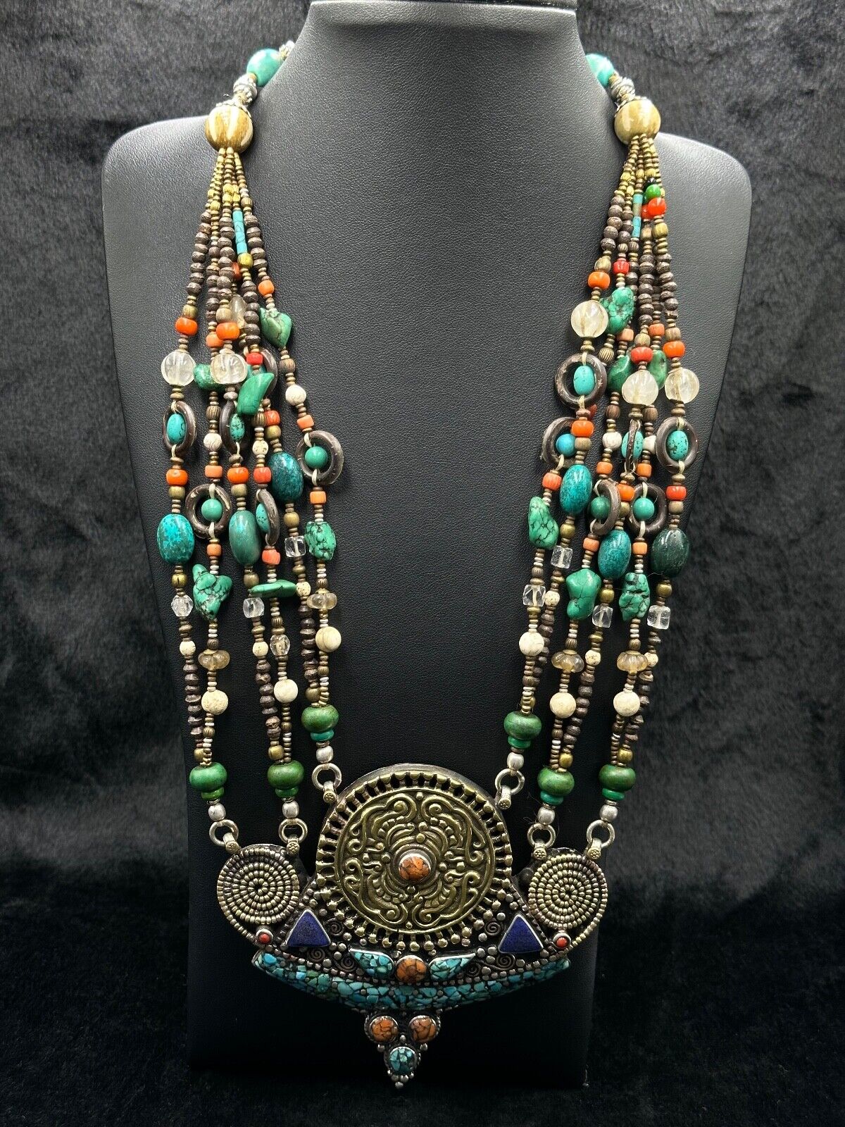 Unique Vintage Handmade Tibetan Old Necklace With Coral Turquoise & Lapis Stone