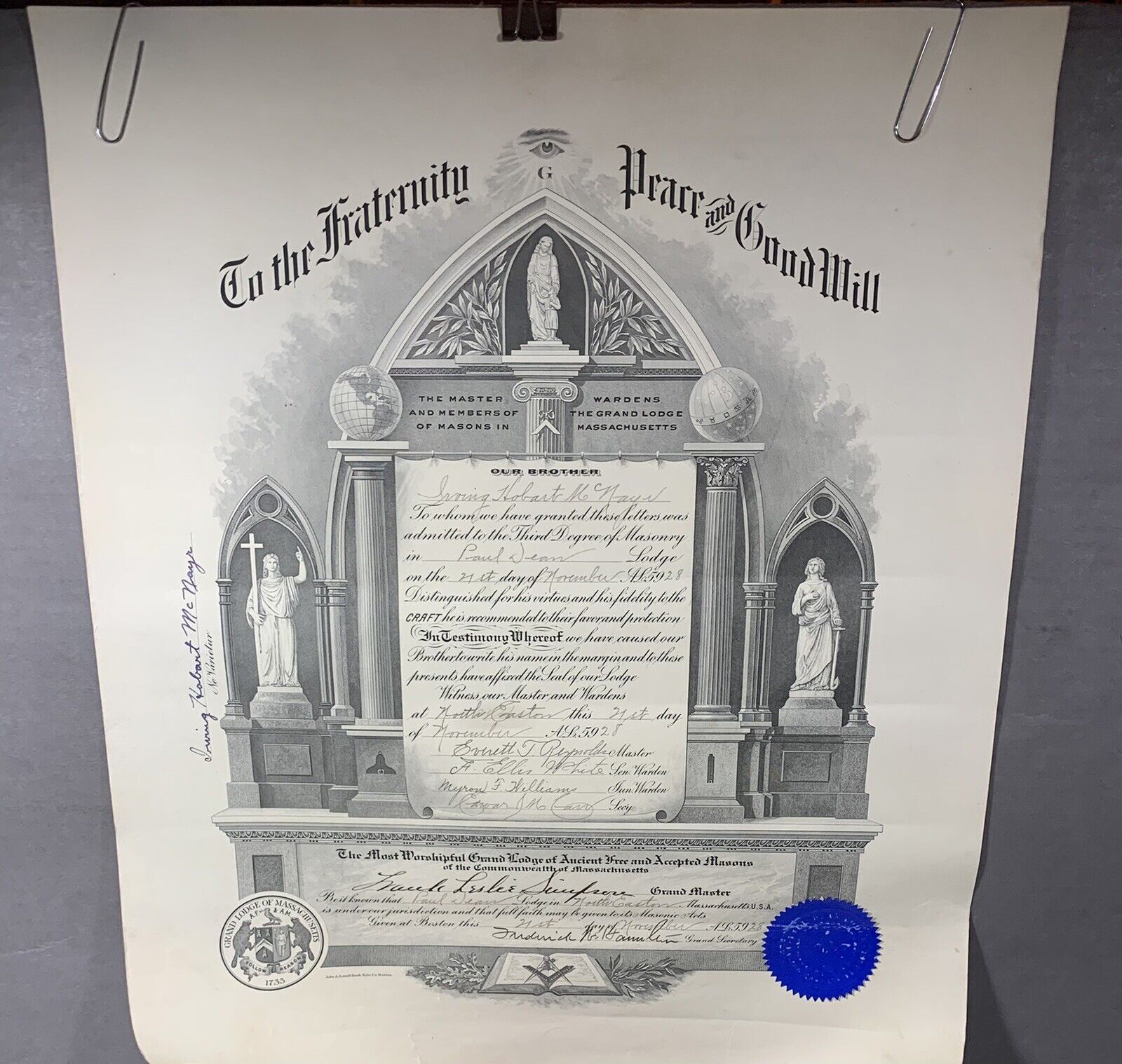 Antique FREEMASONS Certificate Grand Lodge of Massachusetts 1928
