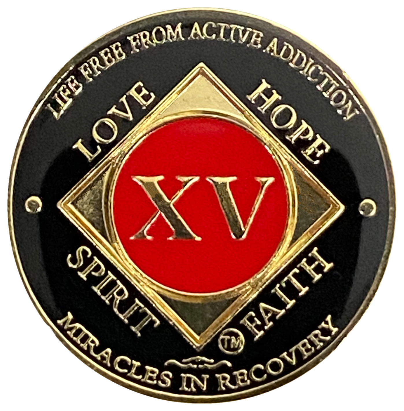 NA 15 Year Red, Gold Color Plated Coin, Narcotics Anonymous Medallion