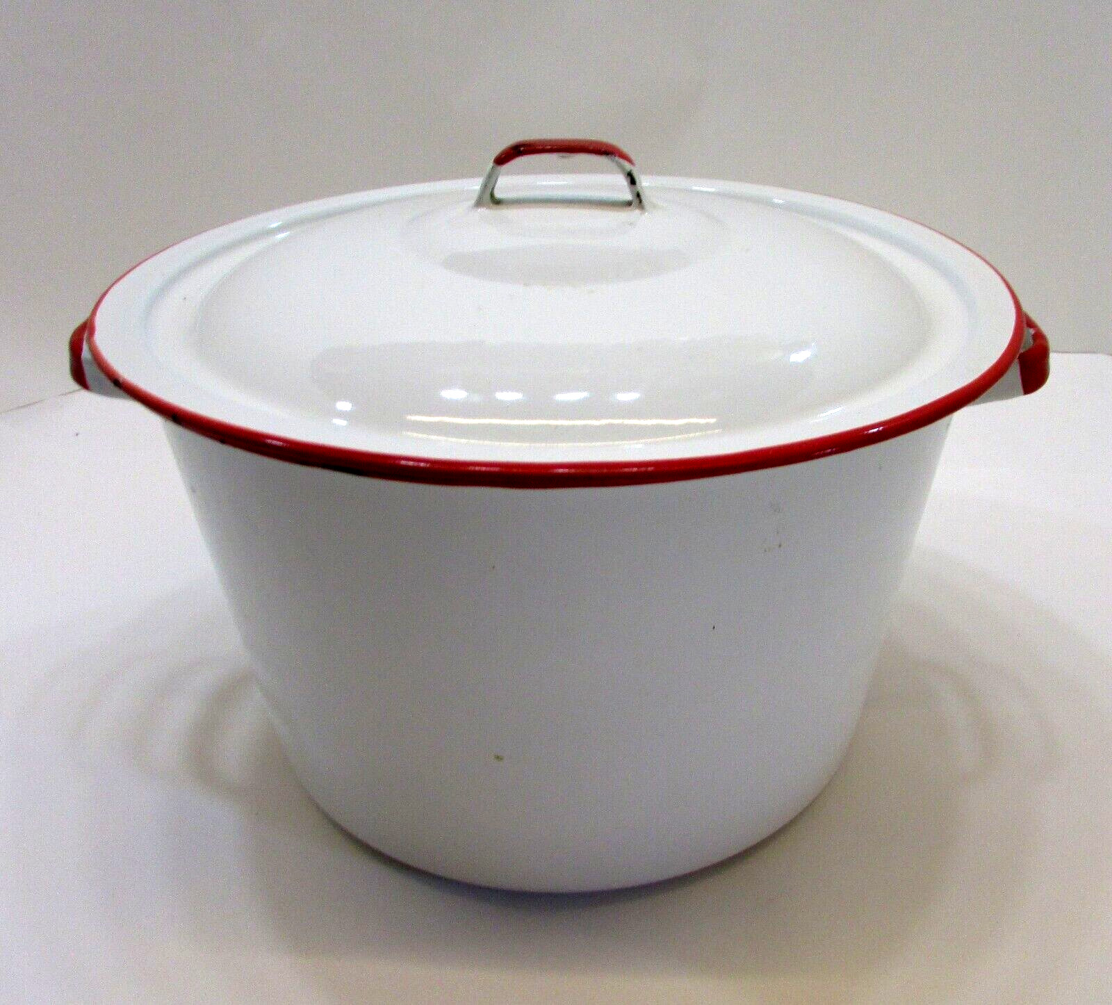 Primitive Old 20\'s 6x10 White w Red Trim Antique Enamelware Stock Pot Kettle Pan