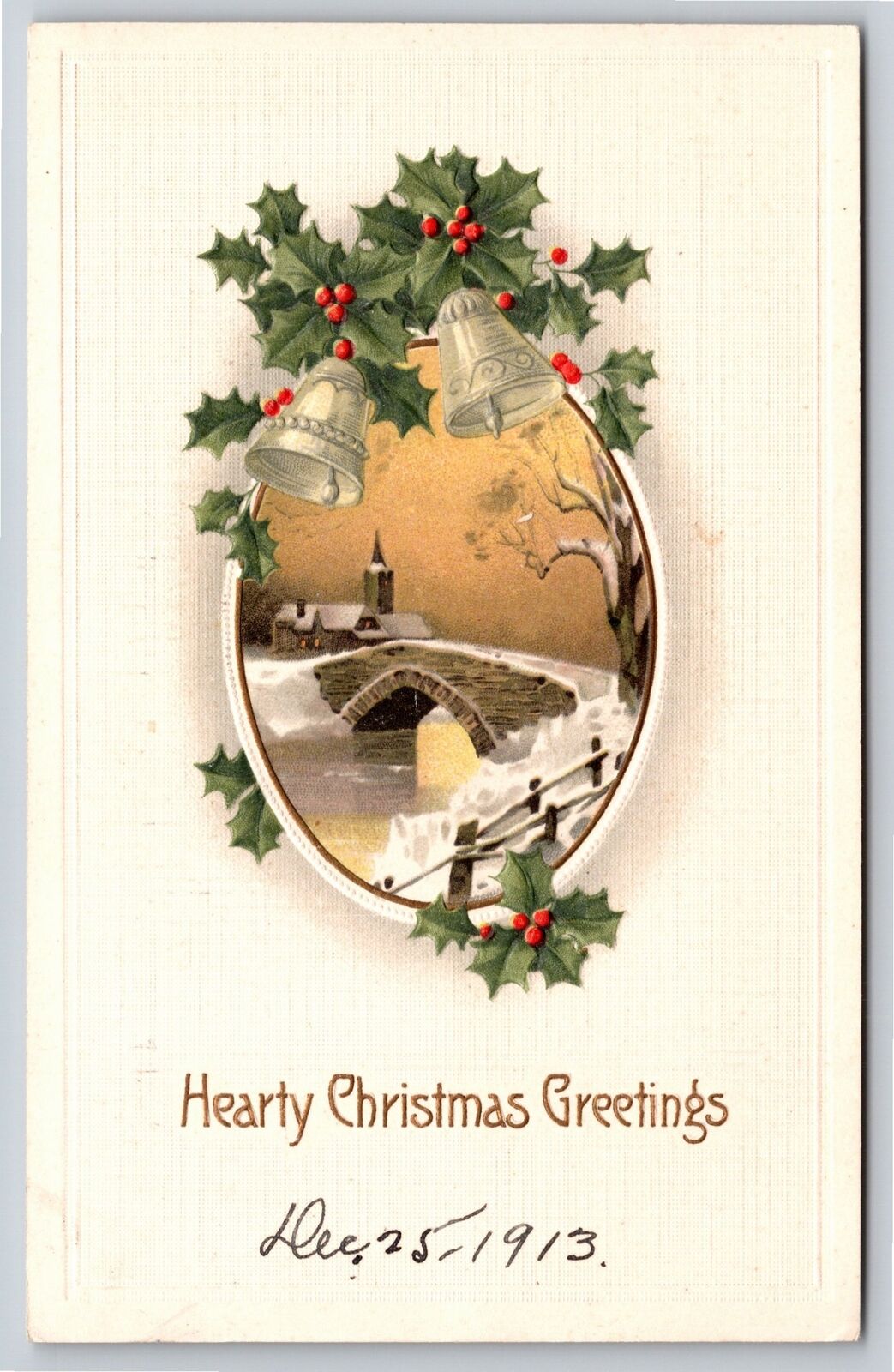 Christmas~Hearty Greetings~Silver Bells And Mistletoe~Vintage Postcard