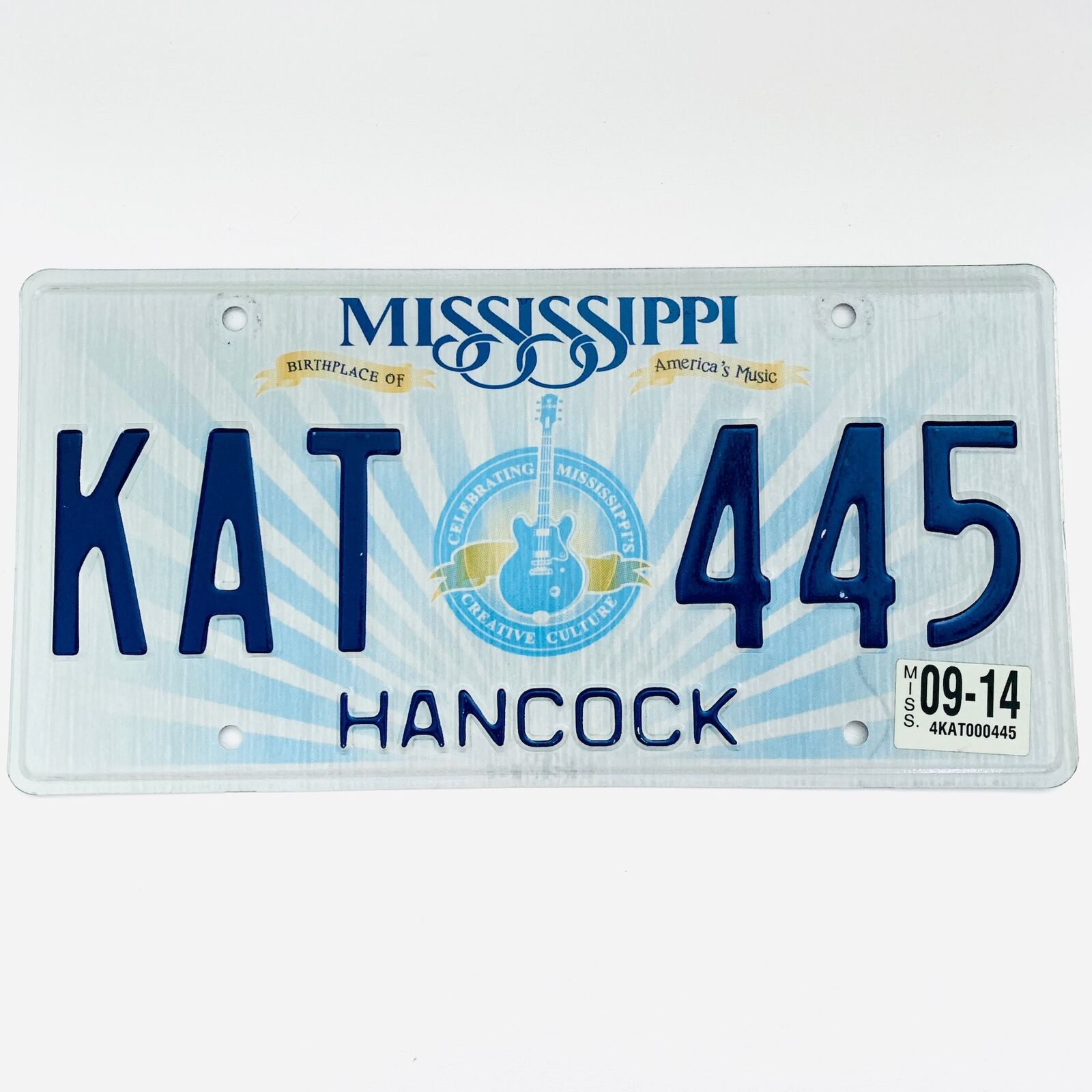 2014 United States Mississippi Hancock County Passenger License Plate KAT 445
