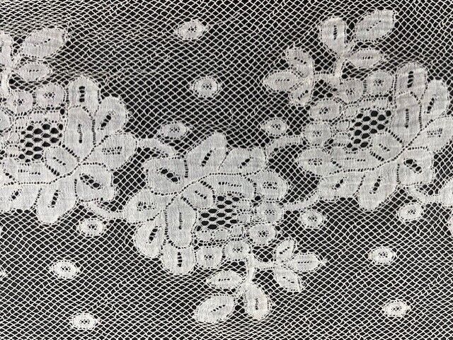 Antique handmade bobbin lace poppy motifs & handmade net, uneven piece as shown