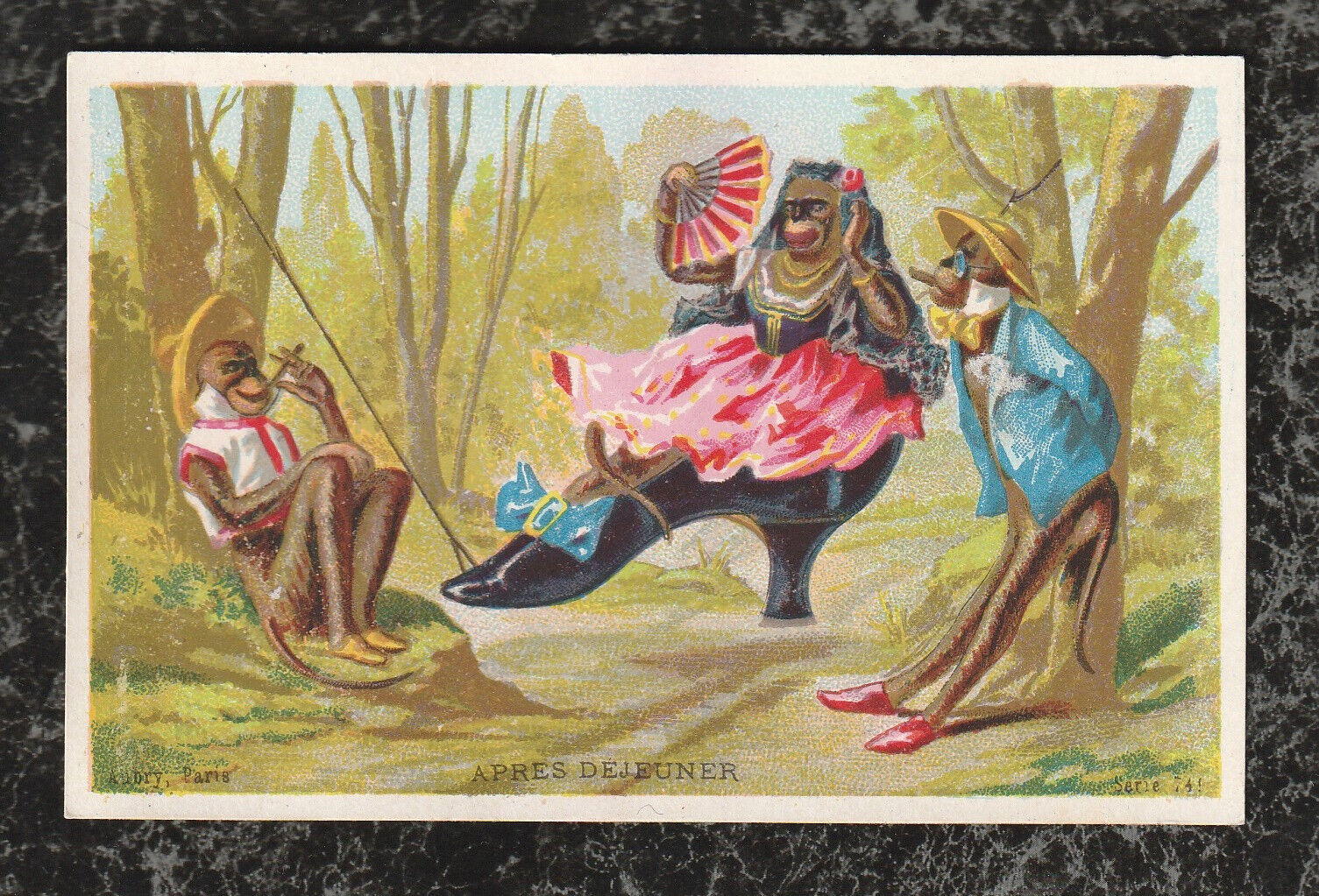 Victorian Stock Card Anthropomorphic Monkeys Smoking After Lunch Lady in Shoe