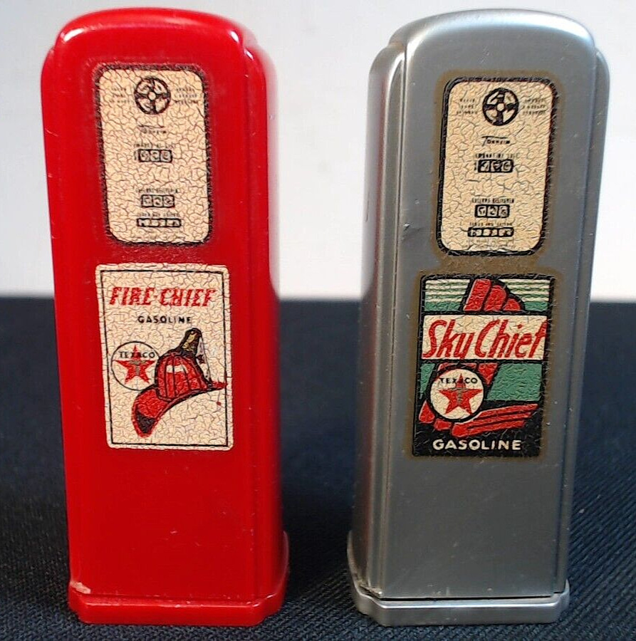 Vintage Texaco Fire And Sky Chief Salt & Pepper Shakers Double Sided Gas Pumps