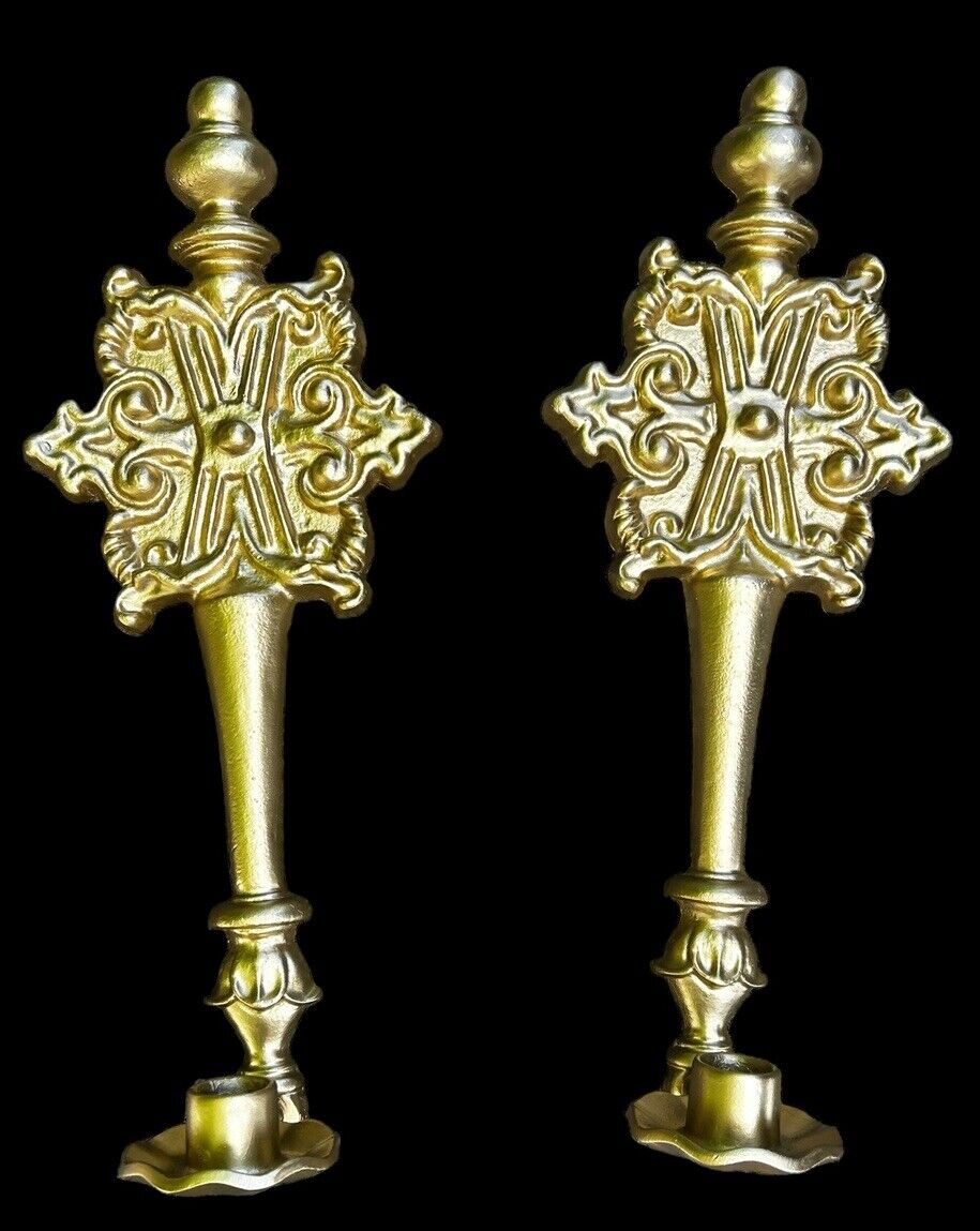 Vintage Pair Gold Baroque Gothic Hollywood Regency Metal Sconce Candle Holders