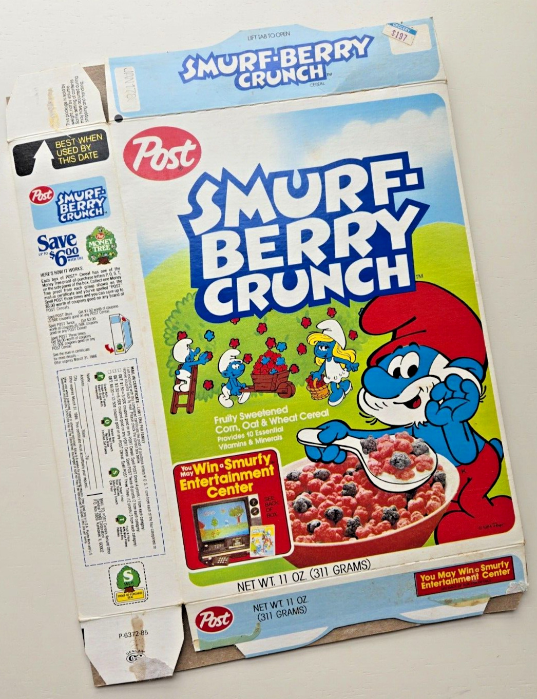 Rare Vtg 1984 Post Smurf-Berry Crunch Flat Empty Cereal Box Coleco Vision Sharp