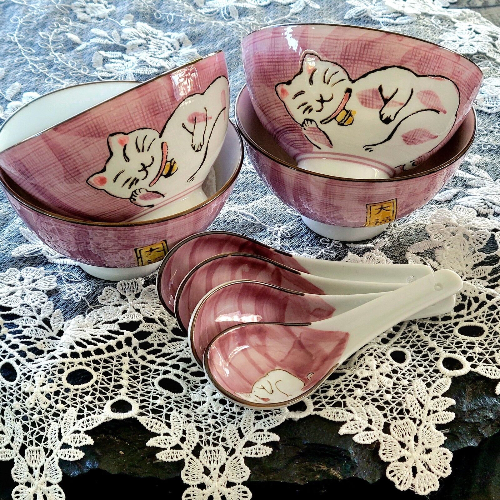 Japanese Maneki Neko Lucky Cat Rice Bowls & Spoons Porcelain 4.5