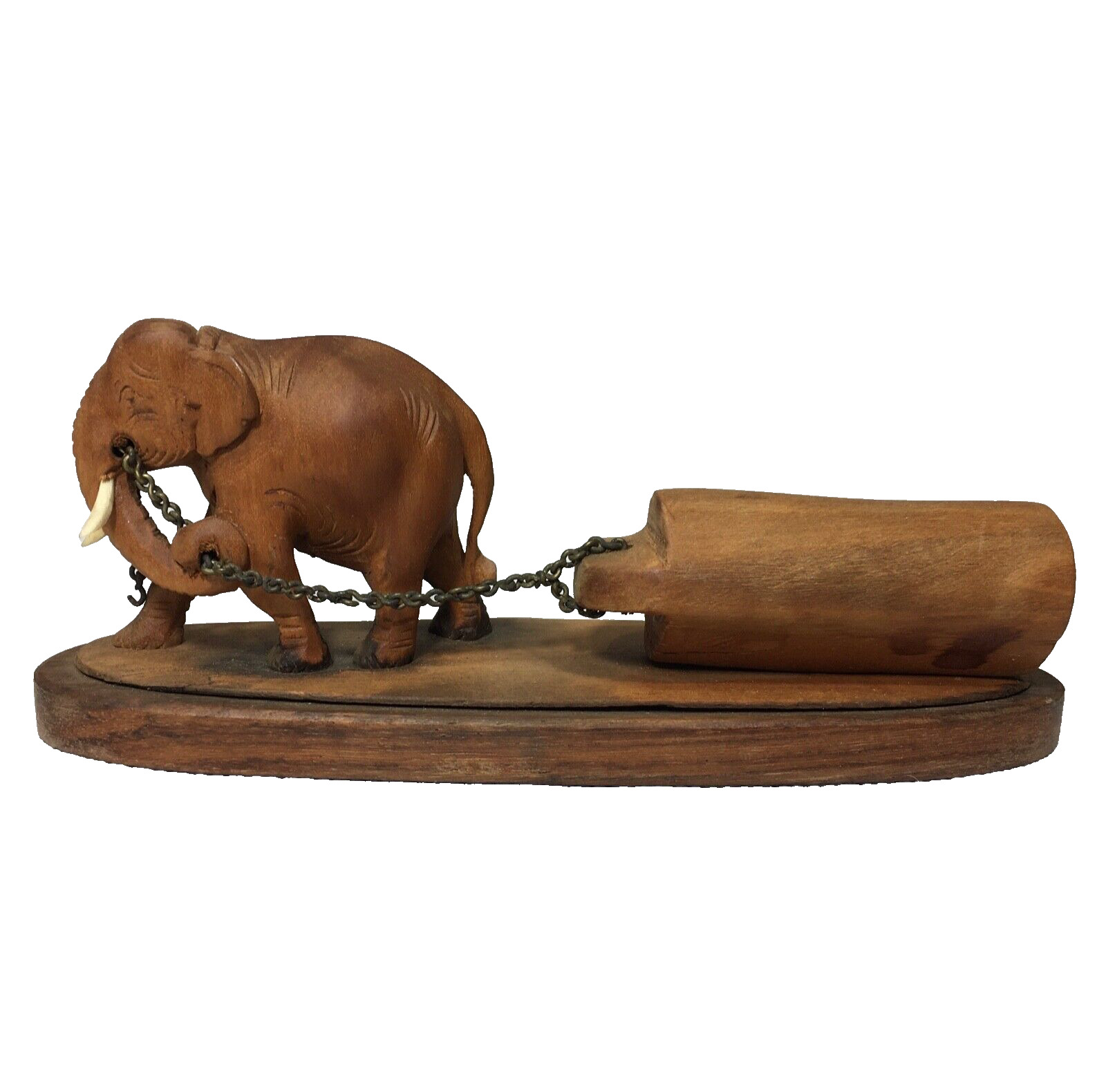 Vintage Hand Carved Wood Elephant Pulling a Log