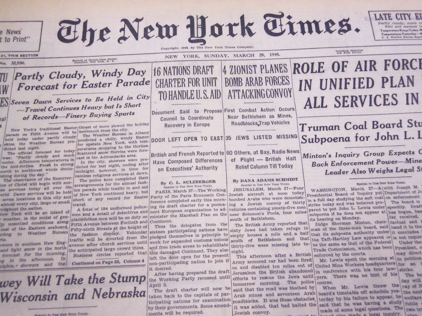 1948 MARCH 28 NEW YORK TIMES - ZIONIST PLANES BOMB ARAB FORCES - NT 4380