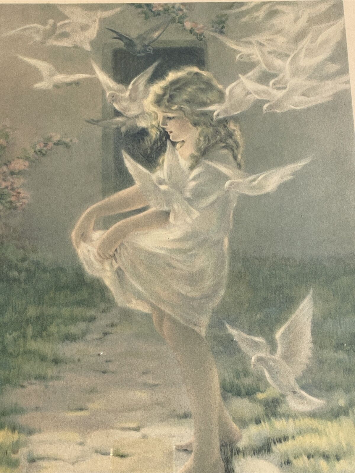 Vintage Bessie Pease Gutmann The Winged Aureole Peace Dove Framed Art ❤️blt10m4