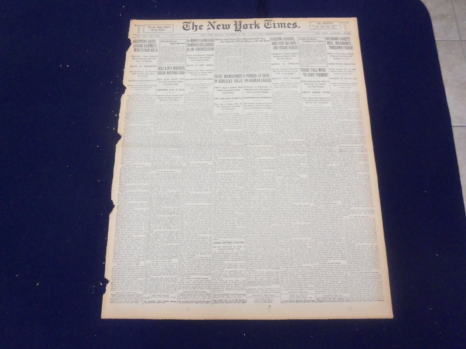 1920 DECEMBER 5 NEW YORK TIMES - FIGHT MOONSHINERS IN KENTUCKY HILLS - NT 8475