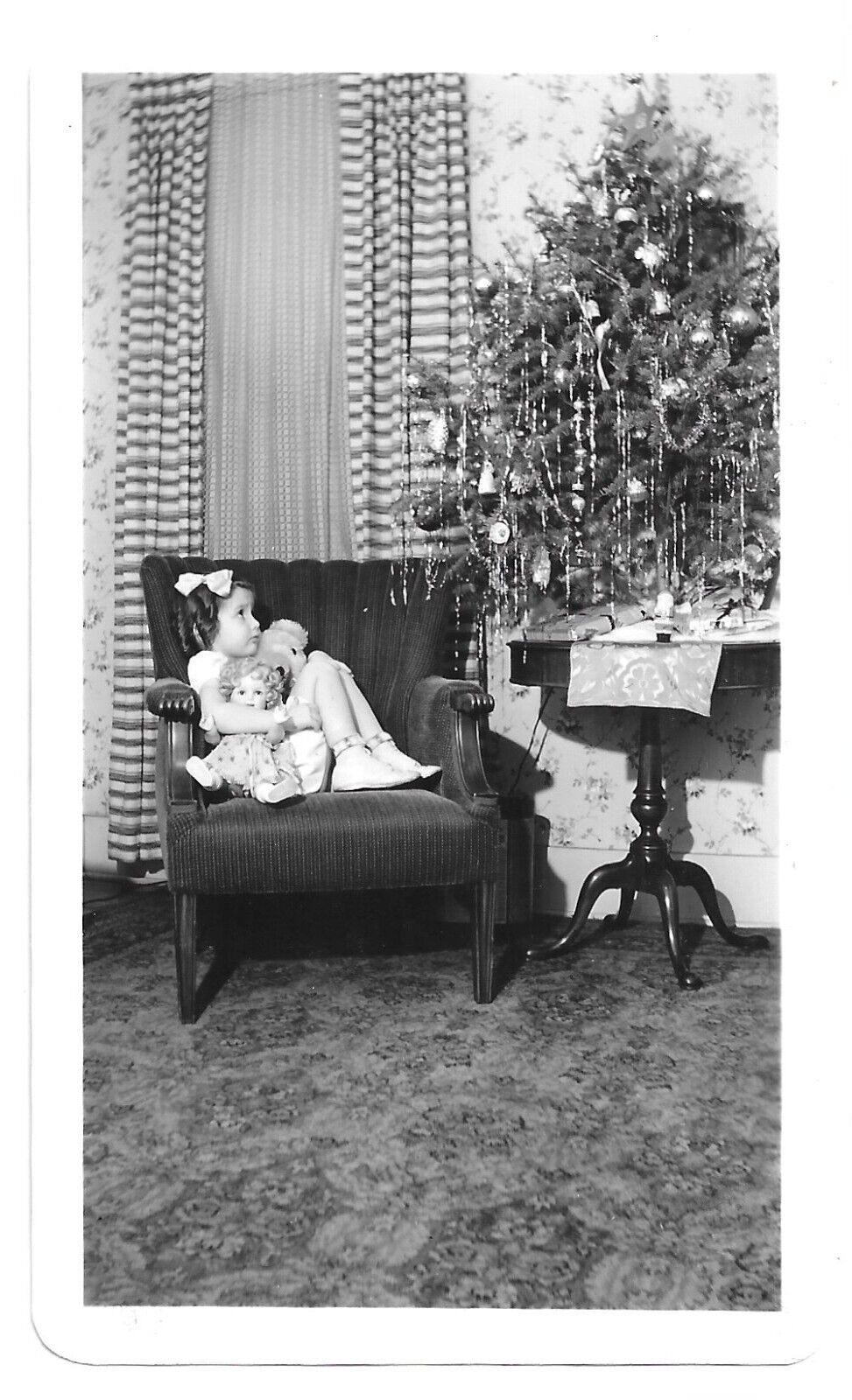 Girl Mesmorized By Christmas Tree With Shirley Temple Doll? Vintage Photo