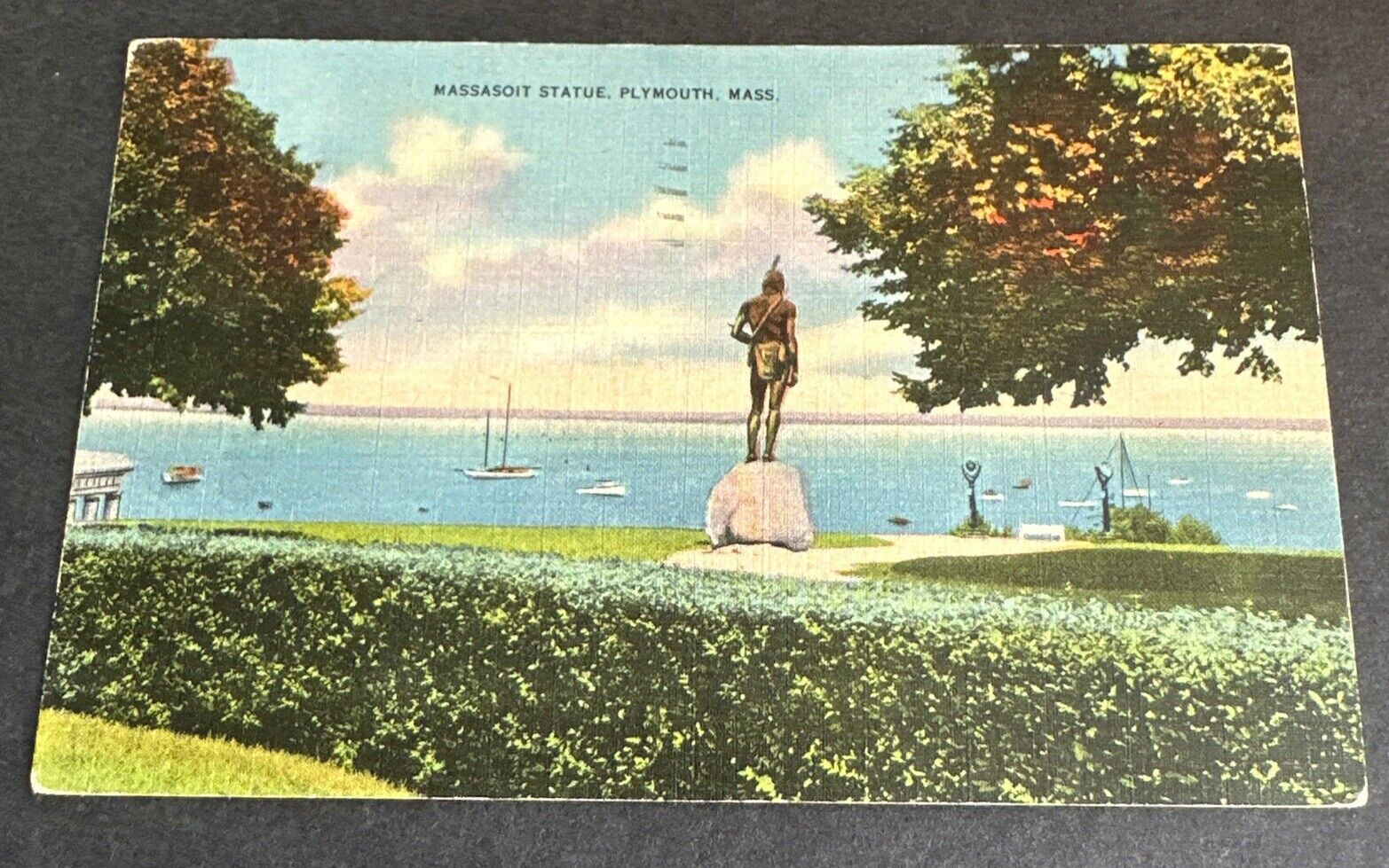 Postcard: THE POWERFUL WARRIOR MASSASOIT OVERLOOKING HARBOR ~ PLymouth, Mass