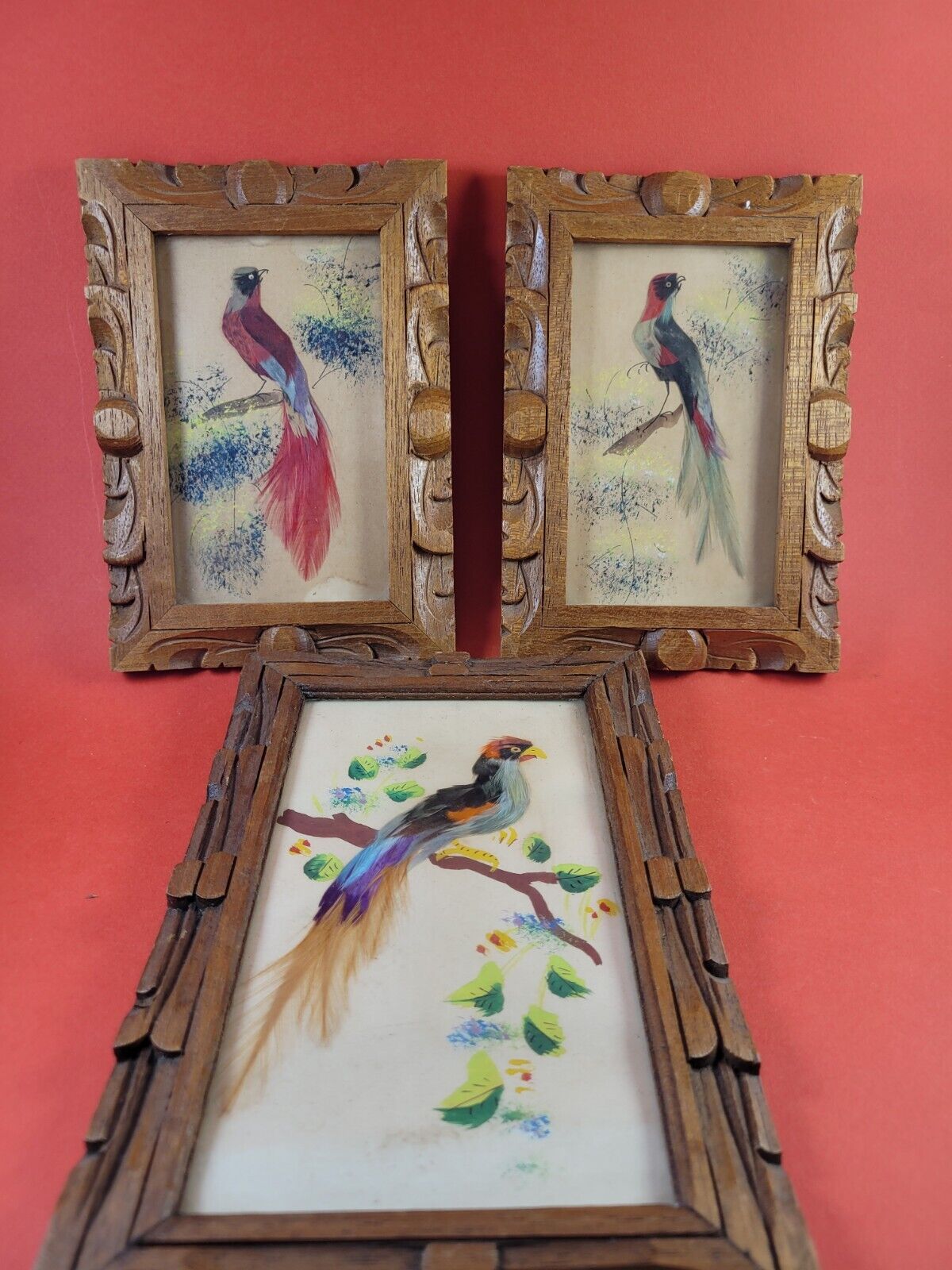 Lot of 3 Vintage Mexican Feather Craft Aztec Bird Art Hand Carved Frames Nice