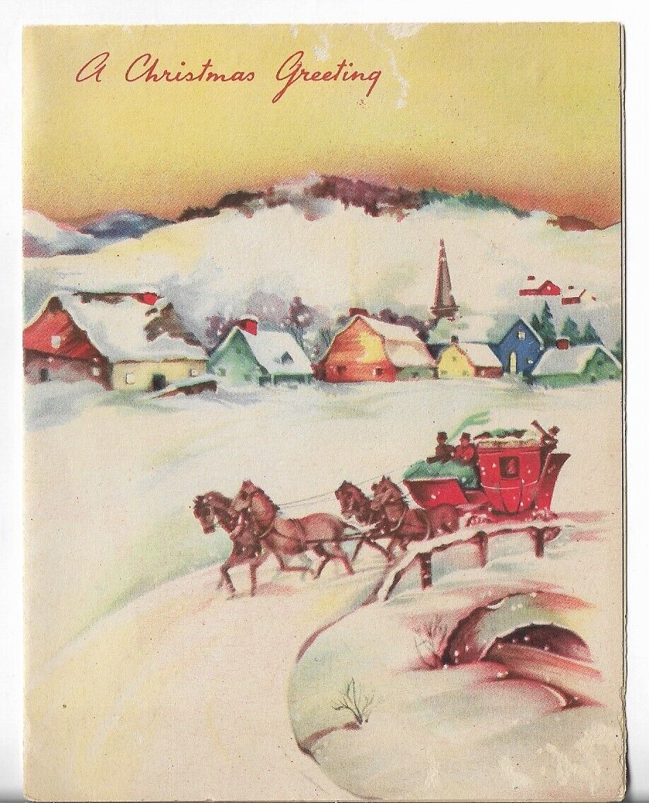 Used Vtg CHRISTMAS CARD-apx 4.25x5.5 Red Stagecoach & Horses Coming Around Curve
