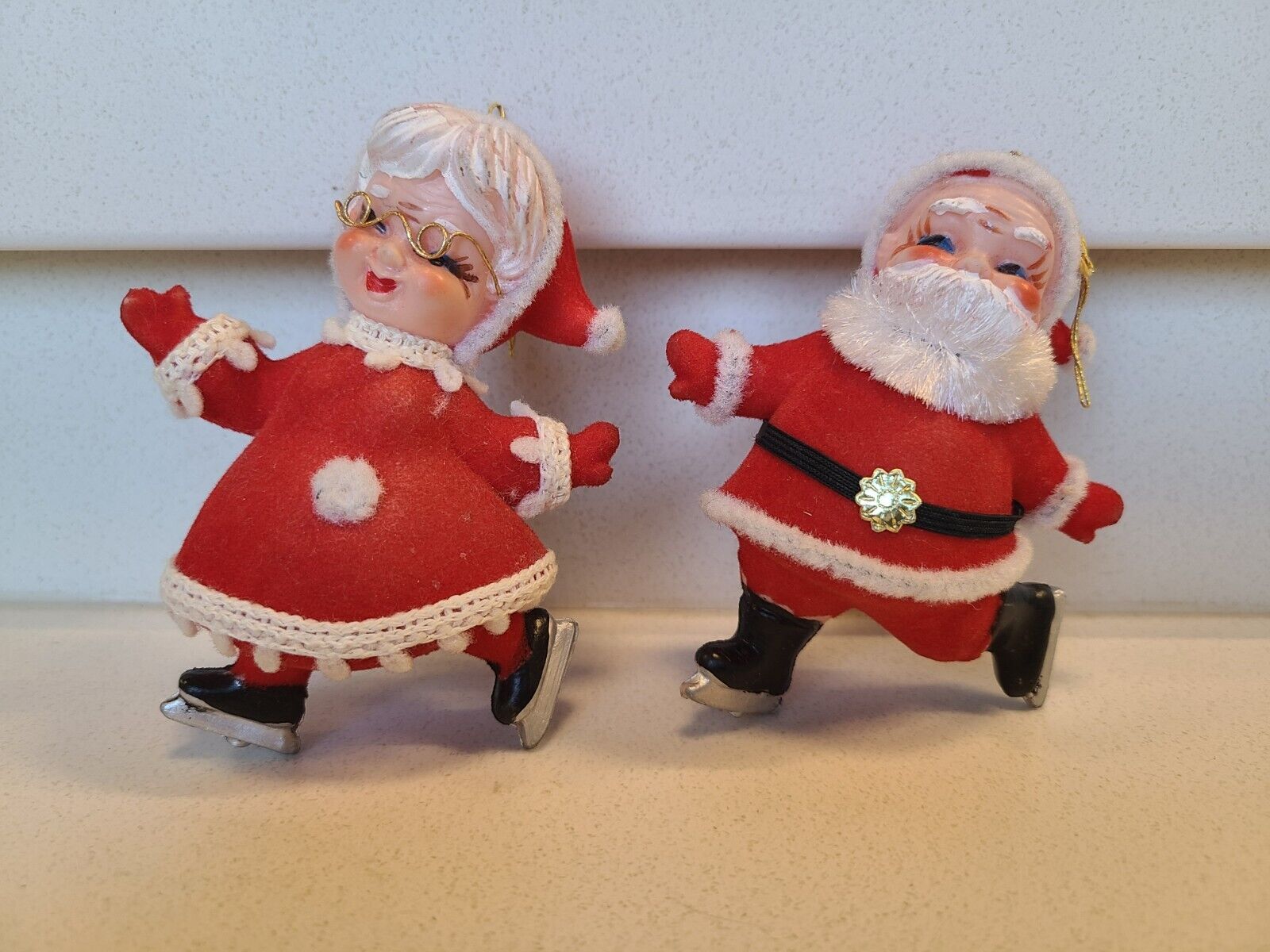 Vintage Santa & Mrs. Claus Christmas Ornaments MCM Red Flocked Ice-Skating Japan