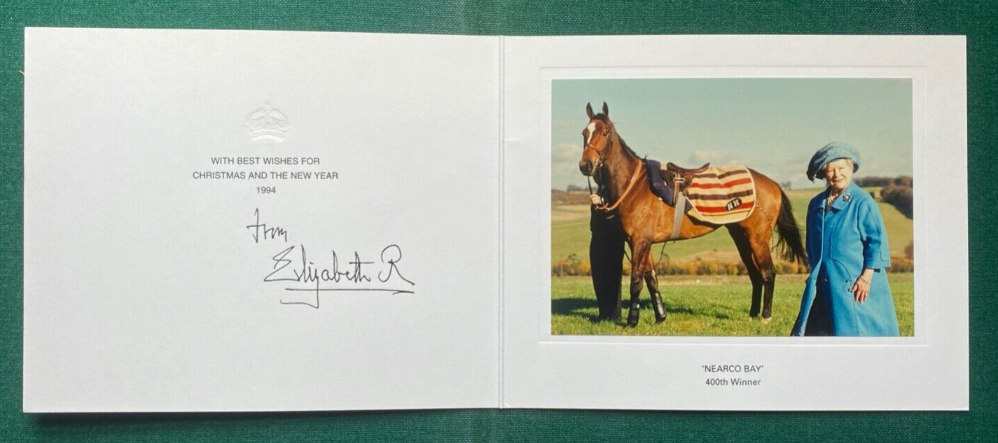 Antique Signed Royal Horse Race Christmas Card Queen Elizabeth Queen Mother 1994
